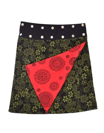 Oboustranná sukně s potiskem květin a mandal, zeleno-červená, zapínání na cvoky