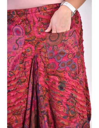Dlouhá růžová balonová sukně s kapsami, kombinace tisků, zip