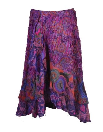 Dlouhá fialová zavinovací sukně, kombinace potisků, volány
