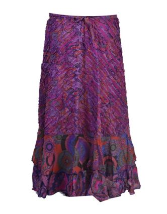 Dlouhá fialová zavinovací sukně, kombinace potisků, volány