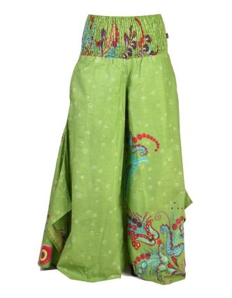 Zelené zvonové kalhoty s vysokým pasem, "Flower design", žabičkování