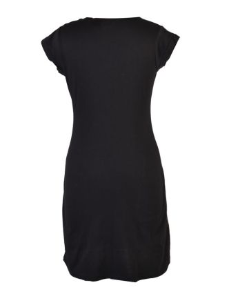 Krátké černé šaty s krátkým rukávem a potiskem "Leaves design", V výstřih