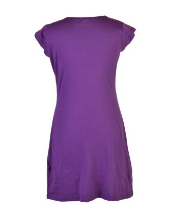 Krátké fialové šaty s krátkým rukávem a potiskem "Leaves design", V výstřih