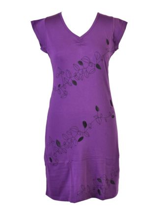 Krátké fialové šaty s krátkým rukávem a potiskem "Leaves design", V výstřih