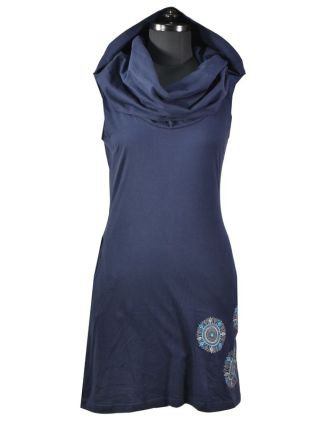 Tmavě modré šaty s kapucí/límcem, bez rukávu, potisk a výšivka mandaly