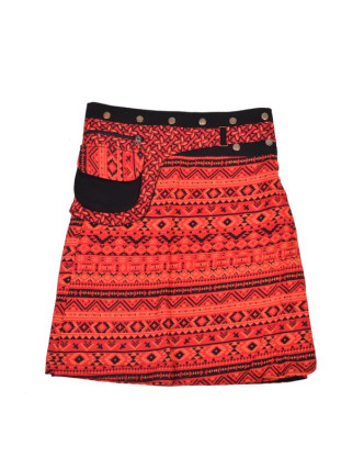 Krátká červená sukně zapínaná na patentky, barevný potisk, kapsa