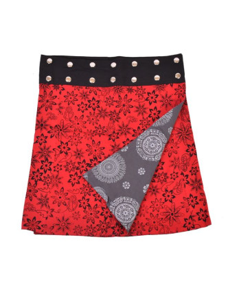 Oboustranná sukně s potiskem květin a mandal, černo-červená, zapínání na cvoky