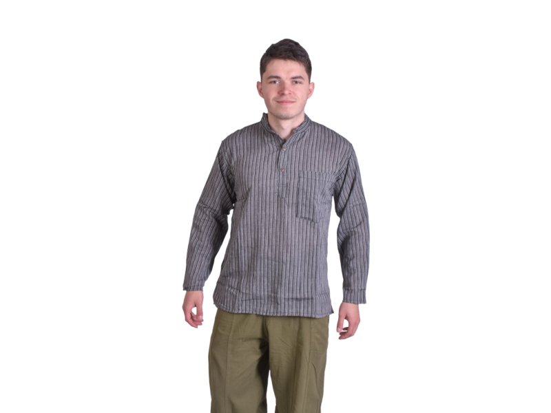 Pruhovaná pánská košile-kurta s dlouhým rukávem a kapsičkou, šedo-černá