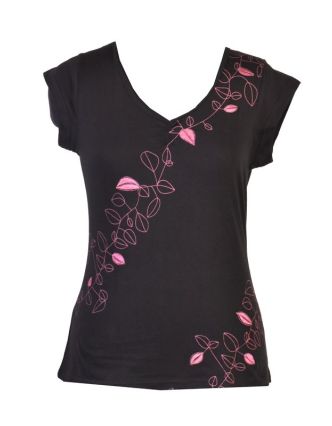 Černo-růžové tričko s krátkým rukávem, Leaves design, výšivka, V výstřih