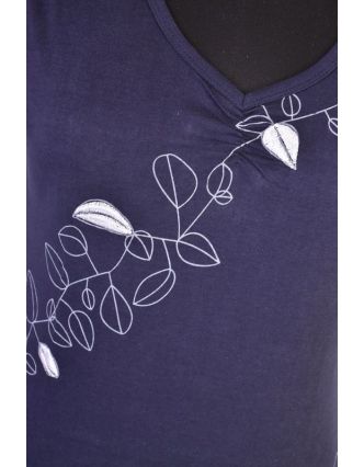 Tmavě modré tričko s krátkým rukávem, Leaves design, výšivka, V výstřih