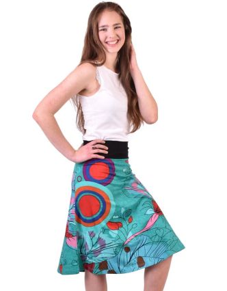 Tyrkysová sukně ke kolenům "Jamy" s barevným potiskem, pružný pas