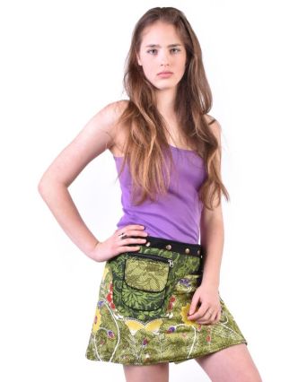 Krátká zelená sukně zapínaná na svočky, Lace design, potisk, kapsička
