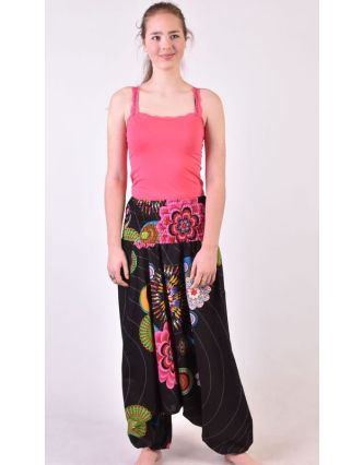 Černé turecké kalhoty-overal-halena 3v1 "Anita", barevné květiny, žabičkování