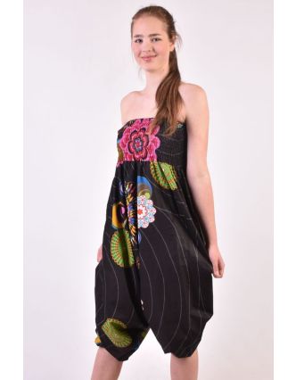 Černé turecké kalhoty-overal-halena 3v1 "Anita", barevné květiny, žabičkování