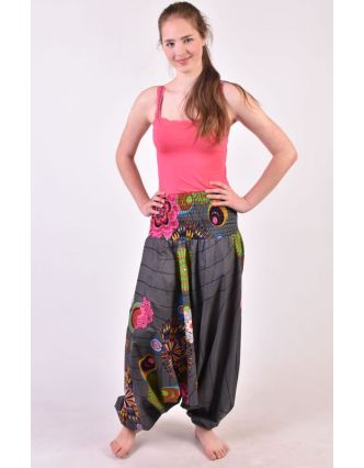 Šedé turecké kalhoty-overal-halena 3v1 "Anita", barevné květiny, žabičkování