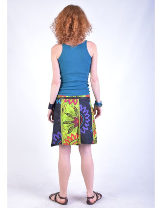 Krátká šedo-zelená oboustranná sukně "Flower Mandala", zapínání na patentky
