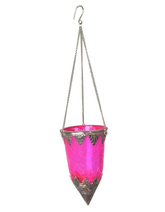 Závěsný skleněný svícen, růžová, kovové zdobení, 8x14cm