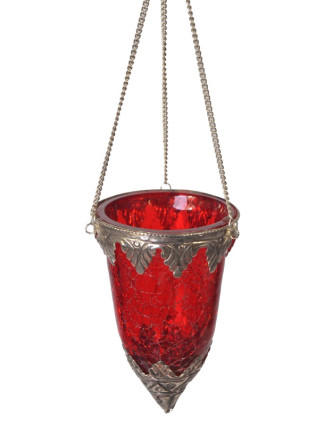 Závěsný skleněný svícen, červená, kovové zdobení, 8x14cm
