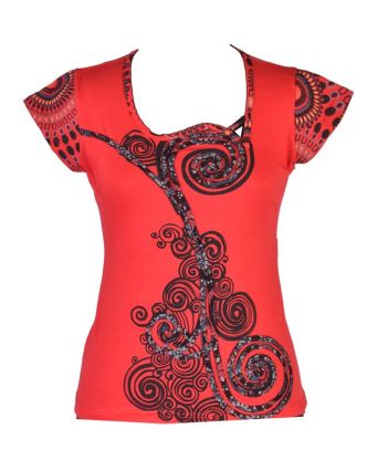 Červené tričko s krátkým rukávem a atypickým výstřihem, Spiral design