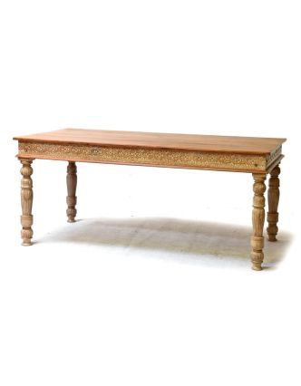 Velký vyřezávaný jídelní stůl se 6 židlemi z antik teakového dřeva,181x92x78cm