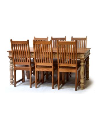 Velký vyřezávaný jídelní stůl se 6 židlemi z antik teakového dřeva,181x92x78cm