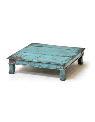 Čajový stolek z antik teakového dřeva, tyrkysová patina, 49x49x14cm