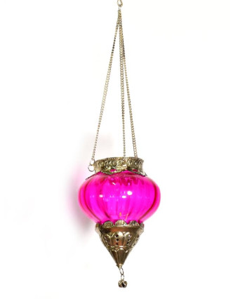 Závěsný skleněný svícen, růžová, kovové zdobení, 9x11cm