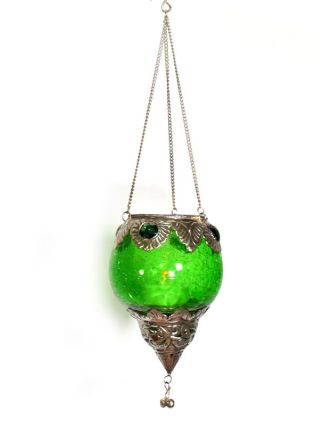 Závěsný skleněný svícen, zelený, kovové zdobení, 12x9cm