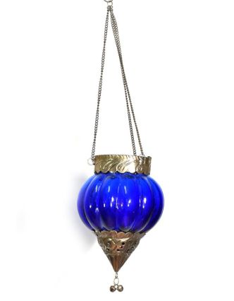 Závěsný skleněný svícen, modrá, kovové zdobení, 16x12cm