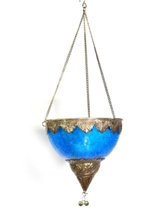 Závěsný skleněný svícen, tyrkysový, kovové zdobení, 12x12cm