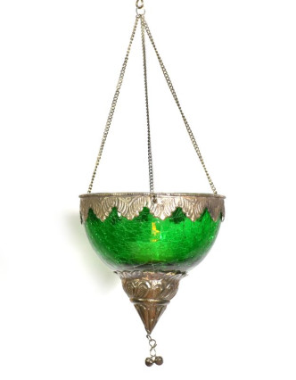 Závěsný skleněný svícen, zelená, kovové zdobení, 12x12cm