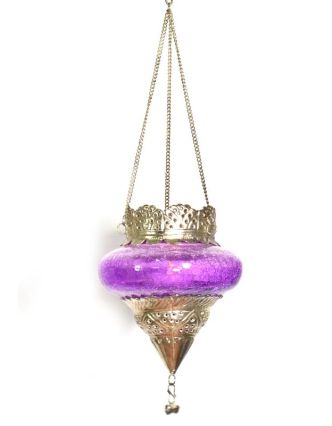 Závěsný skleněný svícen, fialová, kovové zdobení, 12x12cm