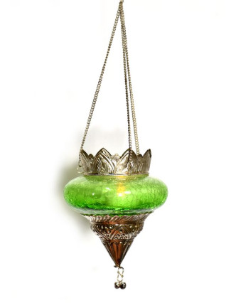Závěsný skleněný svícen, zelená, kovové zdobení, 12x12cm
