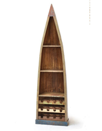 Knihovna/vinotéka z antik teakového dřeva ve tvaru lodi,  58x44x209cm