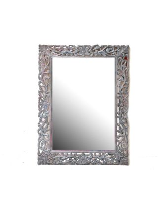 Tyrkysovo stříbno růžové, ručně vyřezávané zrcadlo z mangového dřeva, 90x118x4cm