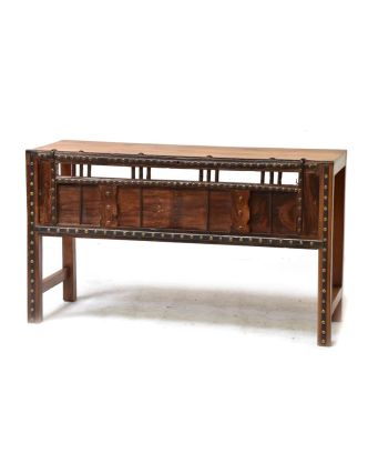 Konzolový stolek z antik teakového dřeva, železné kování, 125x45x73cm