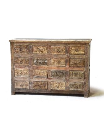 Šuplíková komoda z antik teakového dřeva, ruční řezby na šuplíkách, 124x35x87cm
