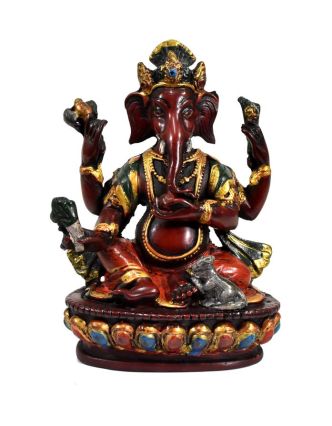 Ganesh, sedící, tyrkysový, bohatě zdoben, pryskyřice, 16cm