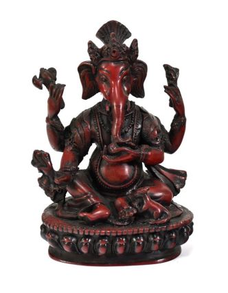 Ganesh sedící na podstavci, červený, pryskyřice, 16cm