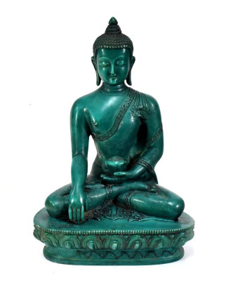 Buddha Šakjamuni, pryskyřice, tyrkysový, ručně vyřezávaný, 21cm