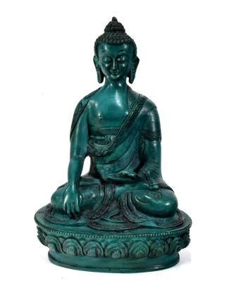 Buddha Šákjamuni, pryskyřice, tyrkysový, ručně vyřezávaný, 20cm