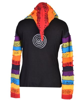 Černá mikina s kapucí a potiskem Buddha eyes, rainbow design, zip, kapsy