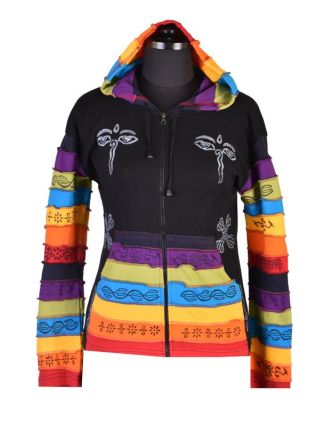 Černá mikina s kapucí a potiskem Buddha eyes, rainbow design, zip, kapsy