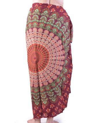 Sárong s ručním tiskem, vínový a barevná mandala, 110x170cm