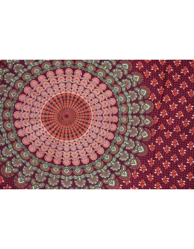 Sárong s ručním tiskem, vínový a barevná mandala, 110x170cm
