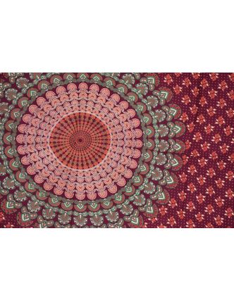Sárong s ručním tiskem, vínový a barevná mandala, 110x170cm