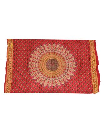 Sárong červený, Mandala paví peří, 110x170cm, s ručním tiskem