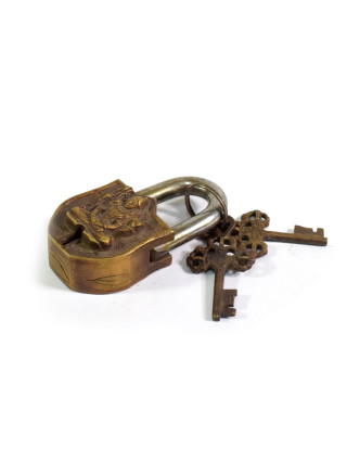 Visací zámek, Lakšmí, mosaz, dva klíče ve tvaru dorje, 8,5cm