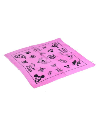 Bavlněný čtvercový šátek s lebkami, růžová, 40x40cm