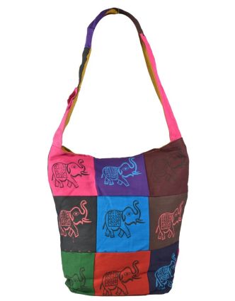 Multibarevná patchworková taška přes rameno s tiskem Slon, kapsa, zip, 38x38cm